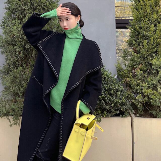 コート レディース アウター ミディアムレングス こなれ感 おしゃれ シック 大人かわいい ステッチ かっこいい オーバーシルエットブラック S/M/L