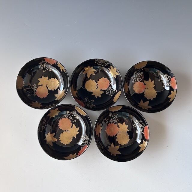 茶道具 黒 蓋裏 雲錦蒔絵 煮物椀 五客組 坂田峰俊 共箱 漆芸 懐石道具