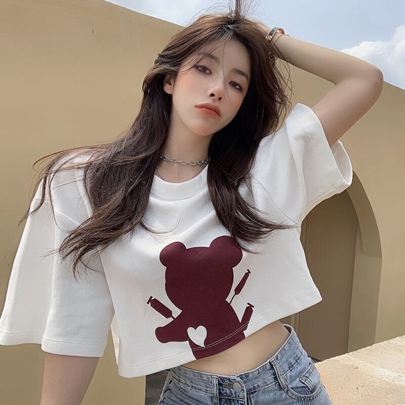 ホワイトショートTシャツ サマーハイウェストウェストクロップドトップス 夏物 スーパーモール96595352179