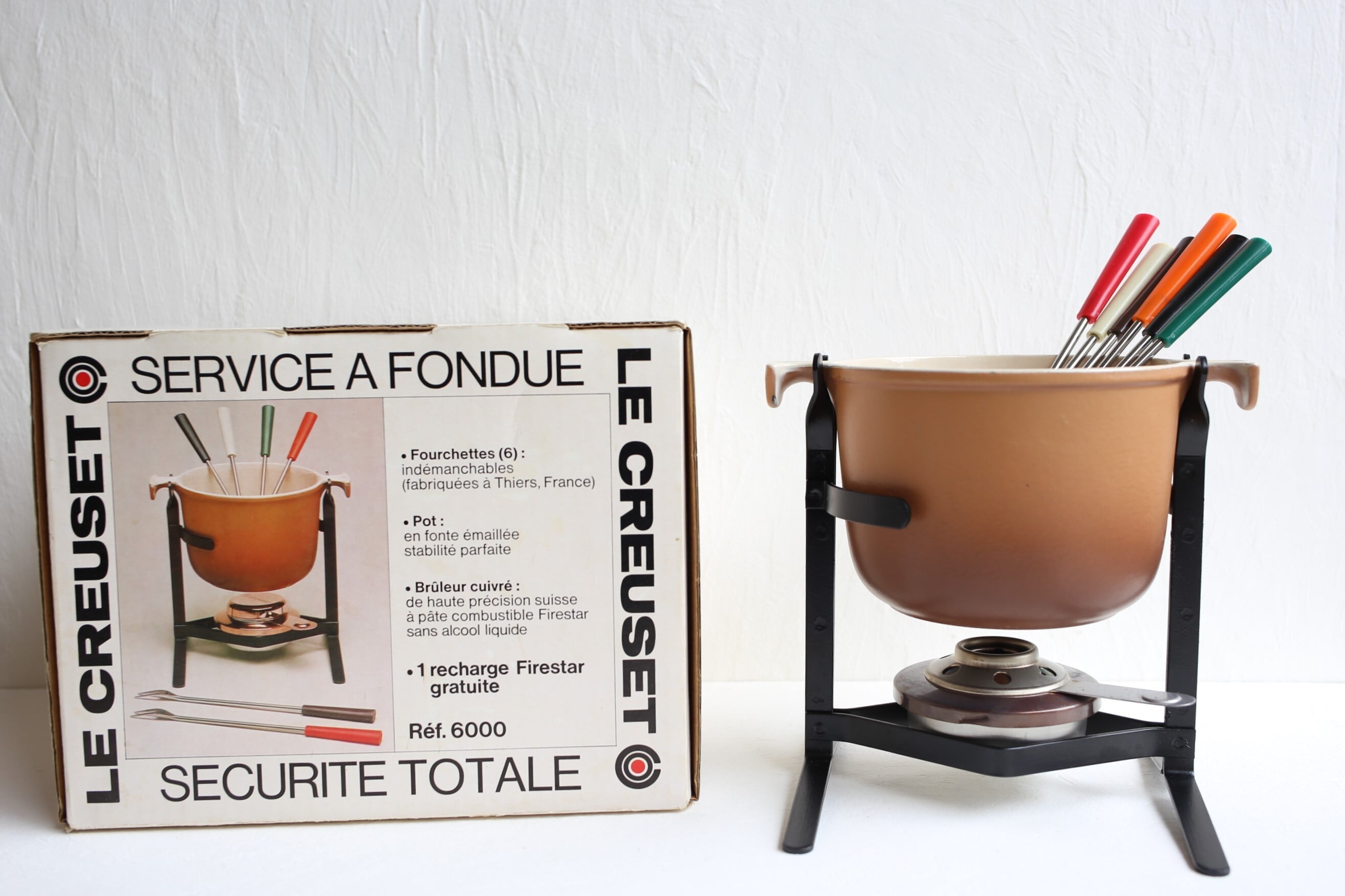 フランス ヴィンテージ ル・クルーゼ Le Creuset ”Mama”シリーズ フォンデュ鍋セットブラウン(箱付き) N-00606