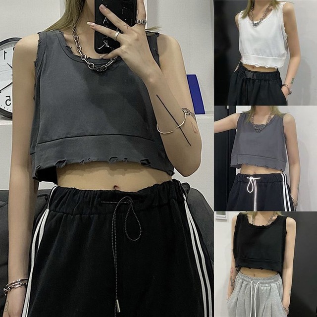 クロップド タンクトップ ダメージ加工 ショート丈 ルーズ 韓国ファッション レディース カジュアル ストリート系 / Street Short Crop Druse Ripper Vest (DTC-643896264277)