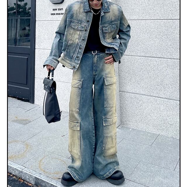 【予約販売】メンズ セットアップ メンズ デニム カジュアル ブルー 色落ち ウォッシュ加工 Gジャン こなれ感 韓国 ジャケット パンツ セット セットアップ ストレート トレンド M/L/XL/2XL