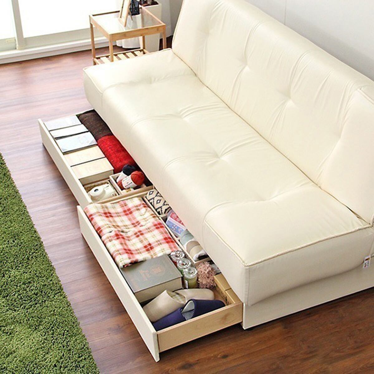 引き出し2杯付き3段階リクライニングソファベッド レザー4色 日本製完成品