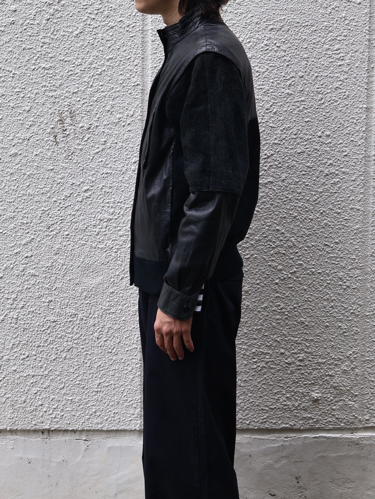 material switching leather blouson