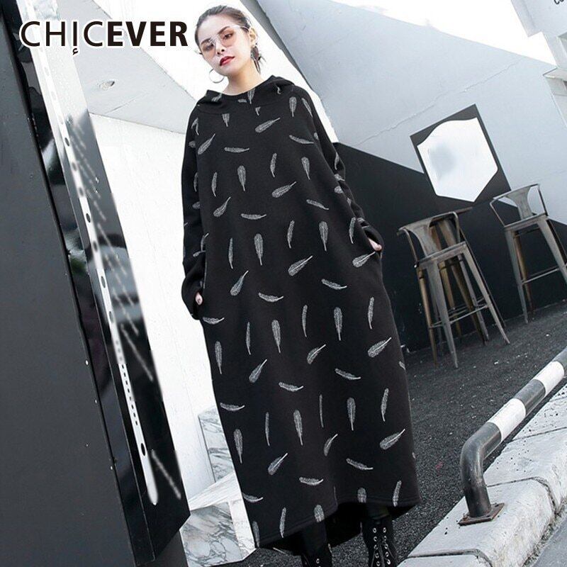 CHICEVERフェザープリントスウェットシャツレディースパーカー裾スプリット厚手ロングスウェットシャツトップスプルオーバーオータムタイド 秋物 6base594941951797