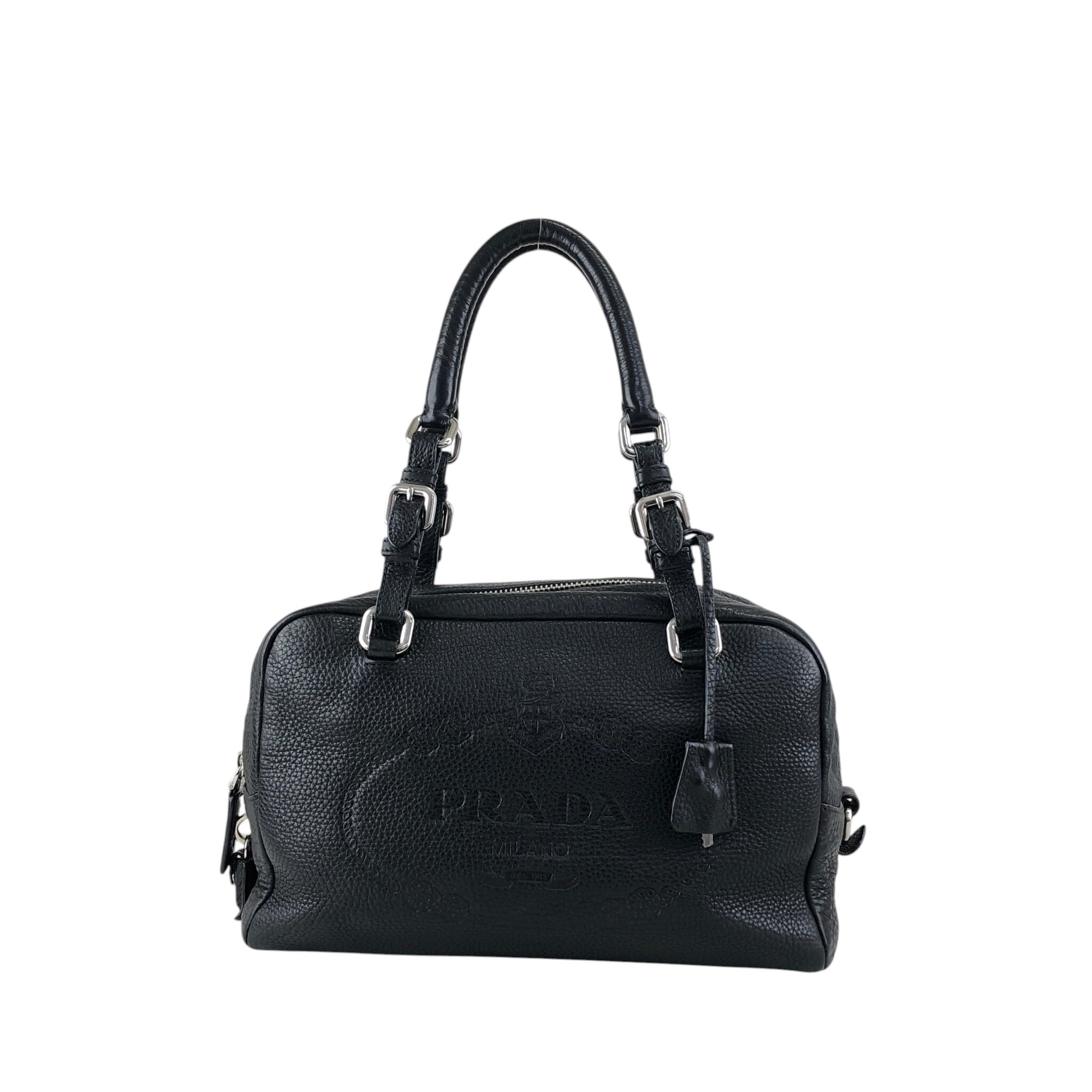 PRADA ヴィンテージ ブラックレザー ハンドバッグ ロゴ 型押し PRADA プラダ ハンドバッグ ブラック ロゴ型押し レザー カデナ ミニ