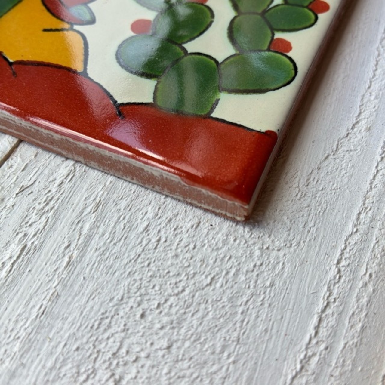 Mexico Talavera tile　メキシコタラベラタイル　001　サボテン　グリーン　ホワイト　10cm　コースター　鍋敷き　DIY　モザイクタイル　柄タイル　室内壁　室外壁　デザインタイル　レトロ　アートタイル　ハンドメイド