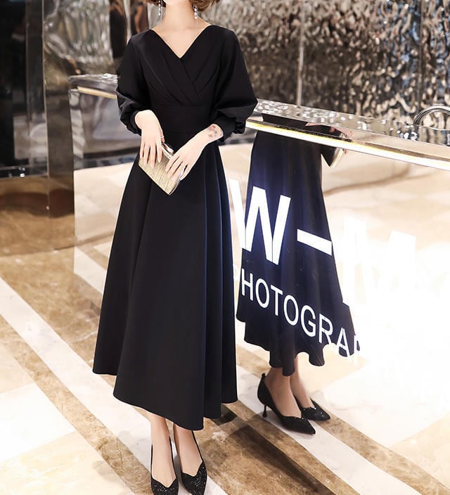 送料無料】喪服 ワンピース 長袖 きれいめ ハイウエスト Aライン V