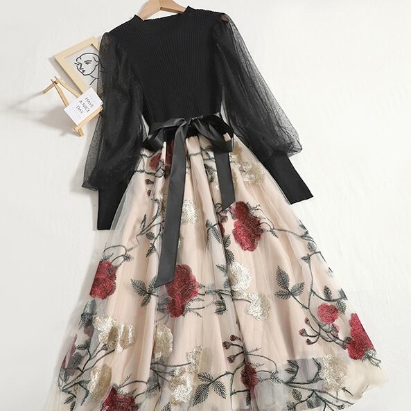 【着用レビュー】ドレス レディース シースルー ワンピース ワンサイズ フリーサイズ ドッキング シフォン チュール ラウンドネック キャバドレス ミドル丈 パフスリーブ スリム 美シルエット きれいめ 女っぽ フェミニン おしゃれ ラフ ゆったり 10代 20代 30代 OL 学生 ママ アプリコット ブラック 花柄 ウエストリボン ガーリー キュート 上品 韓国 流行 フォーマル デート お出かけ 休日 旅行 女子会 イベント 普段使い 細見え スタイルアップ インスタ映え 送料無料 プチプラ