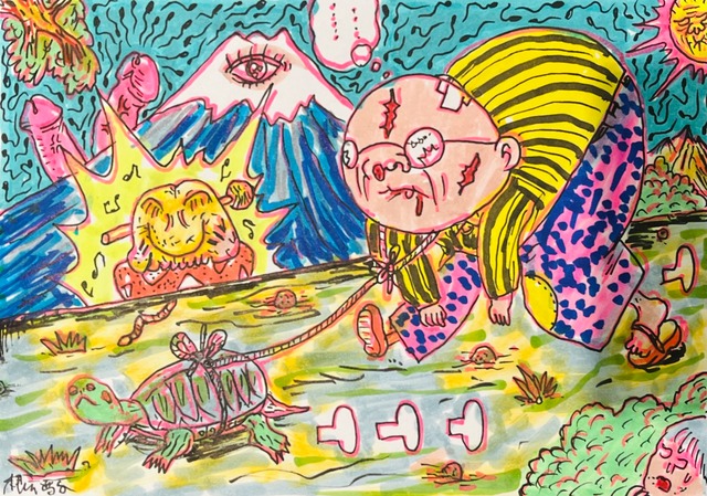 原画・着色ドローイング「富士に木魚&亀さんの頼り甲斐」 B6
