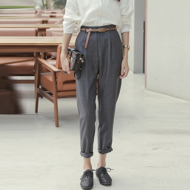 ストレート ストライプ パンツ レディース スーツ パンツ テーパード コットン混 9分丈 ハイウエスト カジュアルパンツ ベルト グレー 秋 海外のおしゃれな大人のレディースファッション通販サイトhanano Emon
