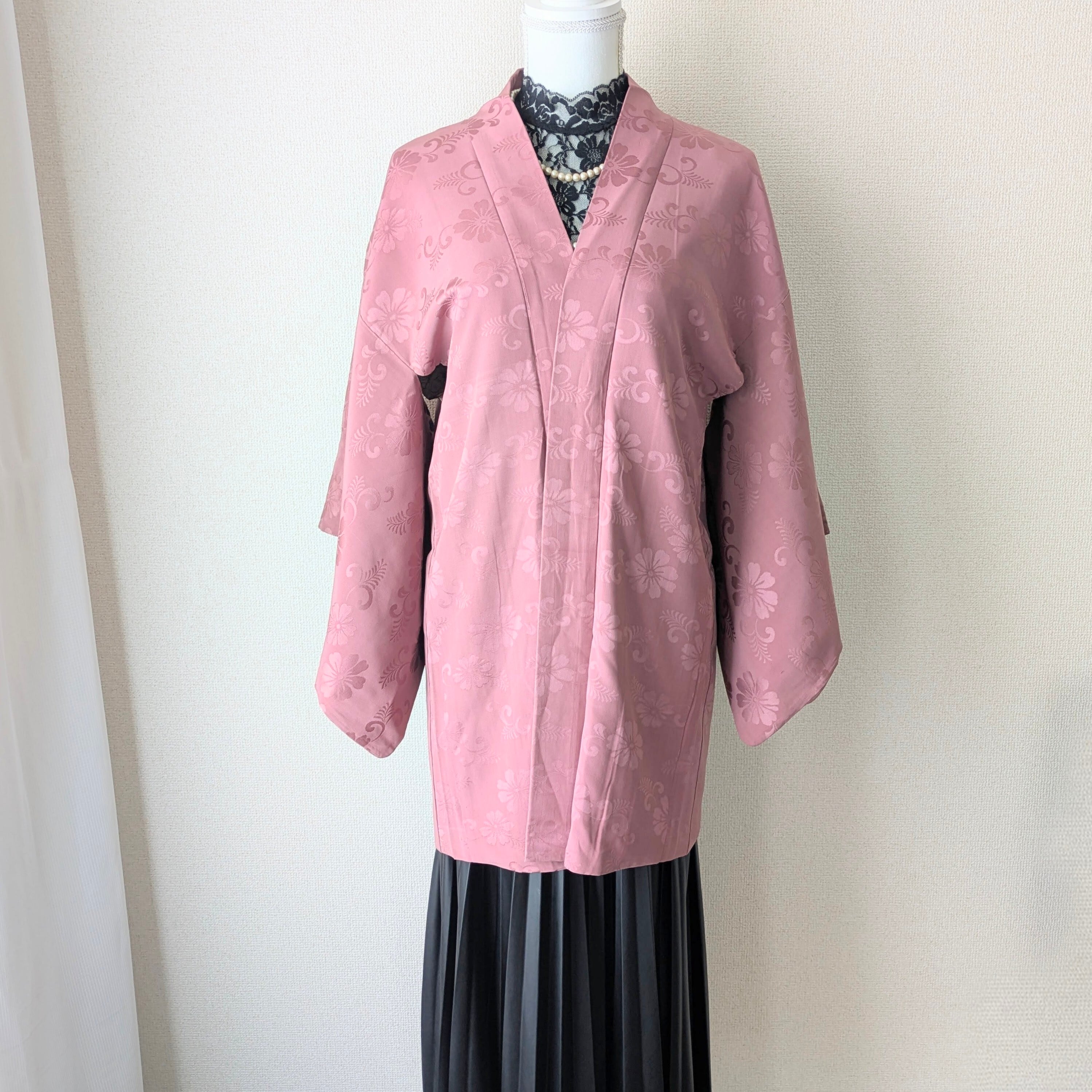 Vintage】HAORI 羽織 正絹 くすみピンク 花唐草 大正浪漫 古布 時代布
