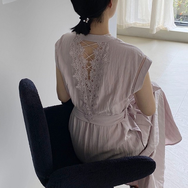Back Open Lace Vネックドレス [26010240]