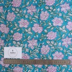 ブロックプリント生地【50cm単位】インド綿  花柄 ターコイズブルー×ピンク#57830-BL1