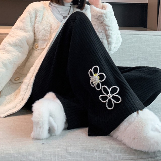 cute girly flower knitted wide leg casual pants 【2color】 0439