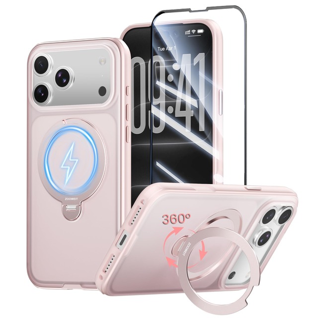 ZOOWEIT iPhone 18 pro/17 pro 用 ケース 【スタンド付き ガラスフィルム搭載】 半透明マット質感 ピンク