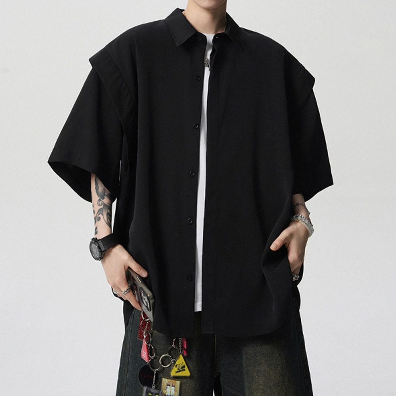 Fake Two-Piece Drape Ice Silk Short-Sleeve Shirt(MT1538)