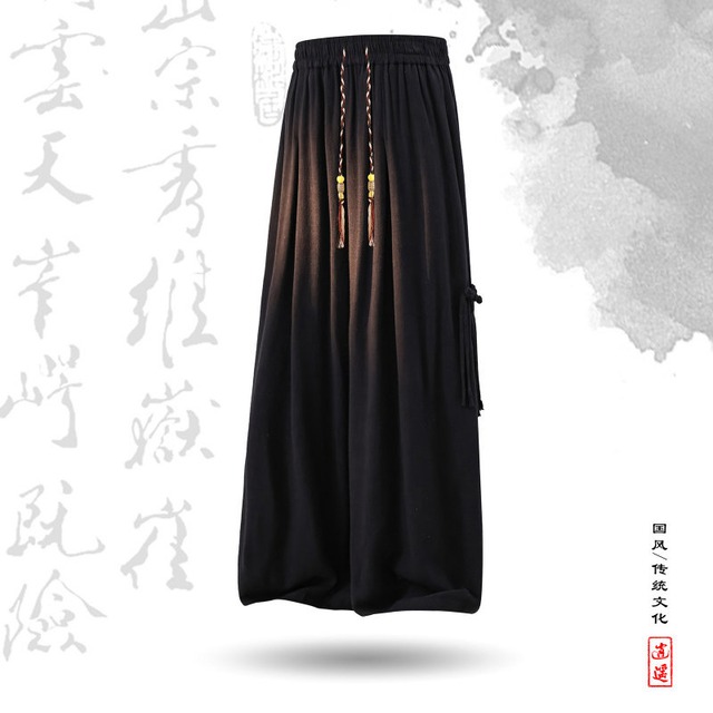 【HKシリーズ】★チャイナ風ズボン★ 七分丈 ユニセックス 2color カジュアルパンツ ボトムス 大きいサイズ 黒 ワイド