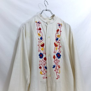 60s 60年代 メキシカンシャツ　リネン　ボックスシルエット　ノーカラーシャツ　スタンドカラー　ビンテージ