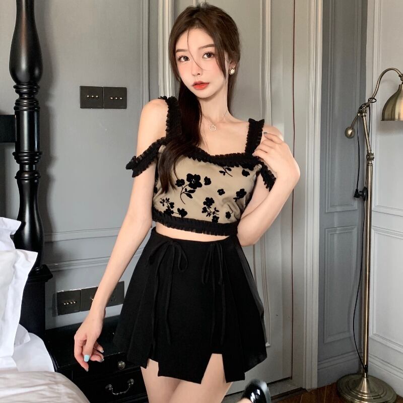 ダークトップス ハイウェストウェストプリーツスカート ハンチェンe38725915214