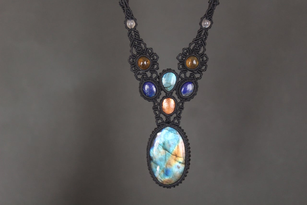 Multi color labradorite & Blue Labradorite & Sunstone & Lapis lazuli & Citrin micro macrame necklace