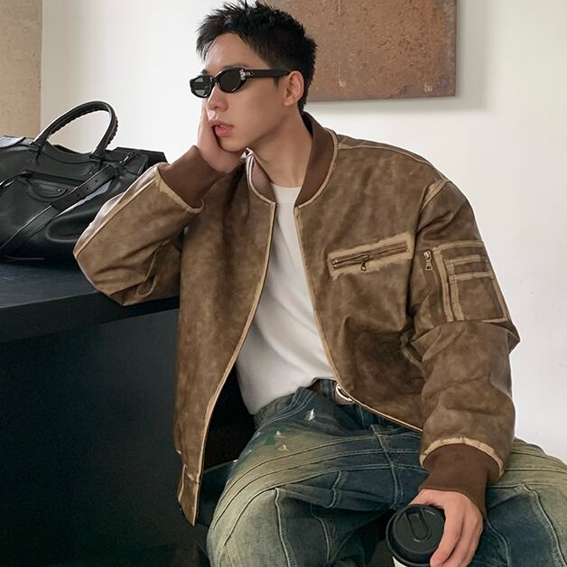 予約販売】ブルゾン ジップアップ ダメージ風 ショート丈 レザー 無地