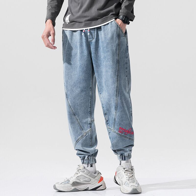 【新作】【送料無料】 Yidao Vintage 2020 Spring Blue Elastic Waist Denim Cropped Pants Men's ese LooseOveralls-アリババ ブルー エラスティック 伸縮 スプリング 春物 ビンテージ hip6-161156450890332