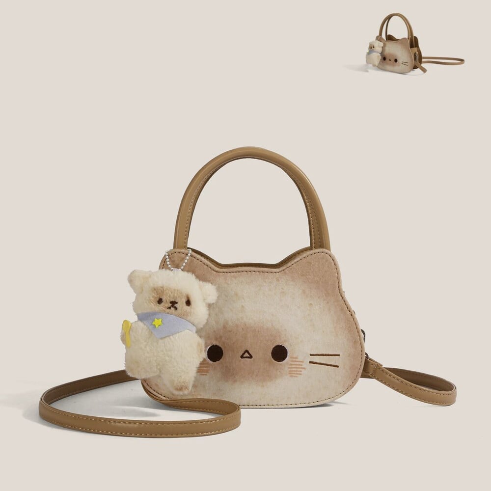 トーストねこが可愛いショルダーバッグ ぬいぐるみチャーム付き!斜め掛け・ハンドバッグとして2WAY◎ おでかけにぴったり