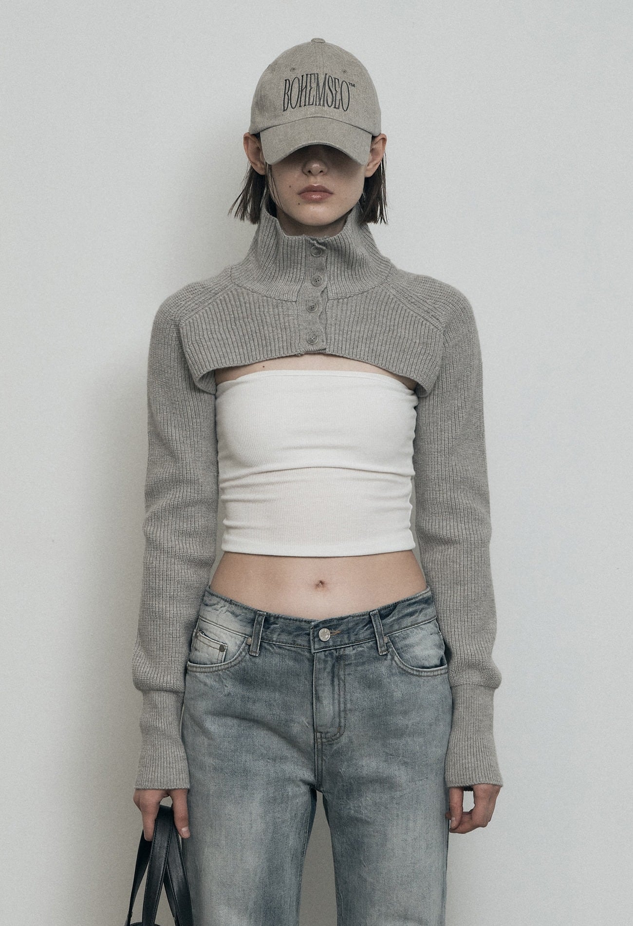 BOHEMIAN SEOUL] HIGH NECK KNIT BOLERO CARDIGAN, WARM GRAY 正規品