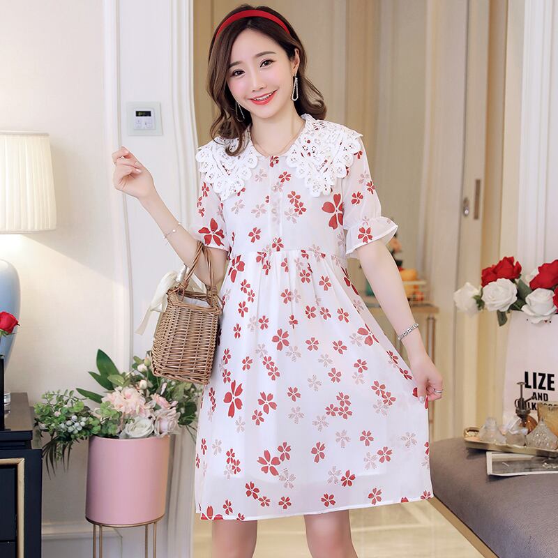 【新作】【送料無料】 2019新しいシフォン花柄印刷ファッション妊婦授乳シャツ半袖ピーターパンレース襟母乳育児ブラウス ショート ハーフスリーブ AL expec324917459683