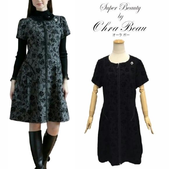 スーパービューティー ワンピース フロッキープリント 半袖ワンピ 前開き 2526020 ブラック 2025年秋冬 オーラボー Super Beauty 大人かわいい服 大人スタイル キレイメ レディース アパレル 女性 M L LL 30代 40代 50代 60代