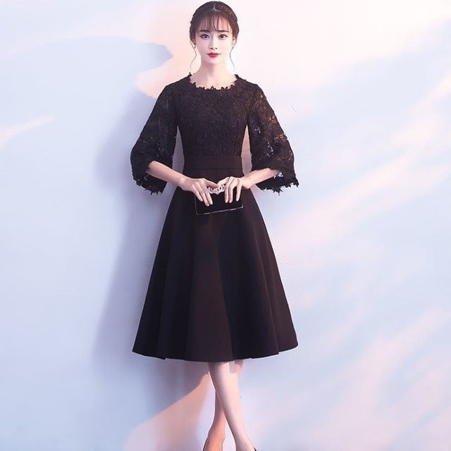 パーティードレス レース 七分袖 フレアスリーブ スカラップ ミディアム丈 ミモレ丈 透け感 ウエストマーク Aライン 無地 ３色 エレガント パーティー 女子会 結婚式 二次会 お呼ばれ ワンピース フォーマル 2018年新作 婚活パーティー 披露宴 ウェディング 謝恩会 卒業式 入学式 演奏会