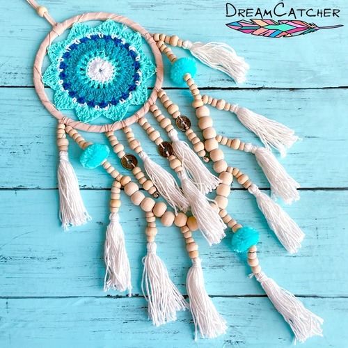 【バリ島直輸入】ネイティブ ドリームキャッチャー(ブルー×クロッシェ×コイン)フェザー
