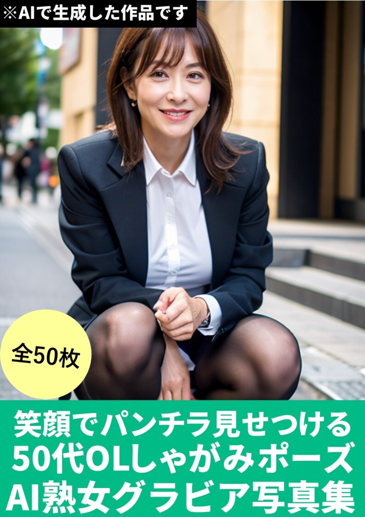 笑顔でパンチラ見せつける【50代OLしゃがみポーズ】AI熟女グラビア写真集(50枚)「呪文(プロンプト)付き」 | AI熟女ハンター