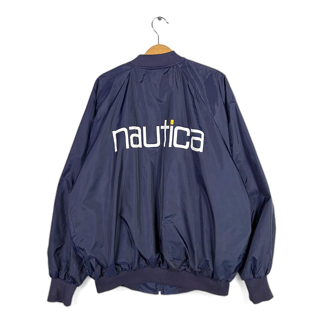 90s ノーティカ ナイロンジャケット オールド ワンポイントロゴ ナイロンブルゾン ネイビー バックプリント NAUTICA サイズL相当 古着 DZ0805