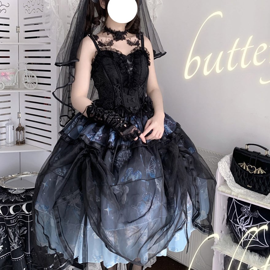 地雷系 ゴスロリ ジャンパースカート ロング丈 闇かわいい 蝶々