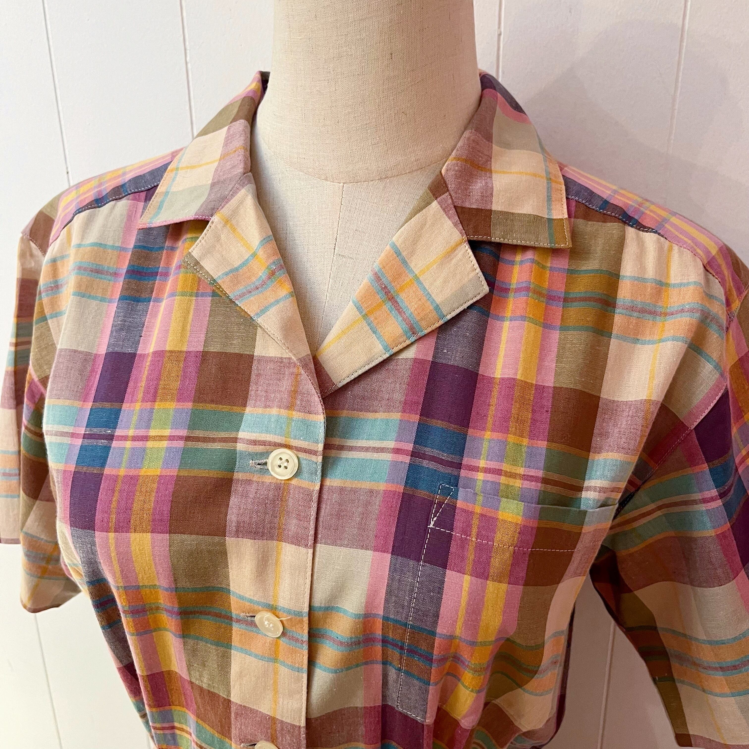 yellow pink check open collar one-piece