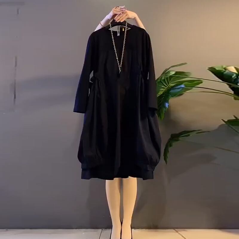 スプリングラウンドネックギャザードレス ルーズ 大きめサイズ 春物 Oネック ミックスインファッション49430088980