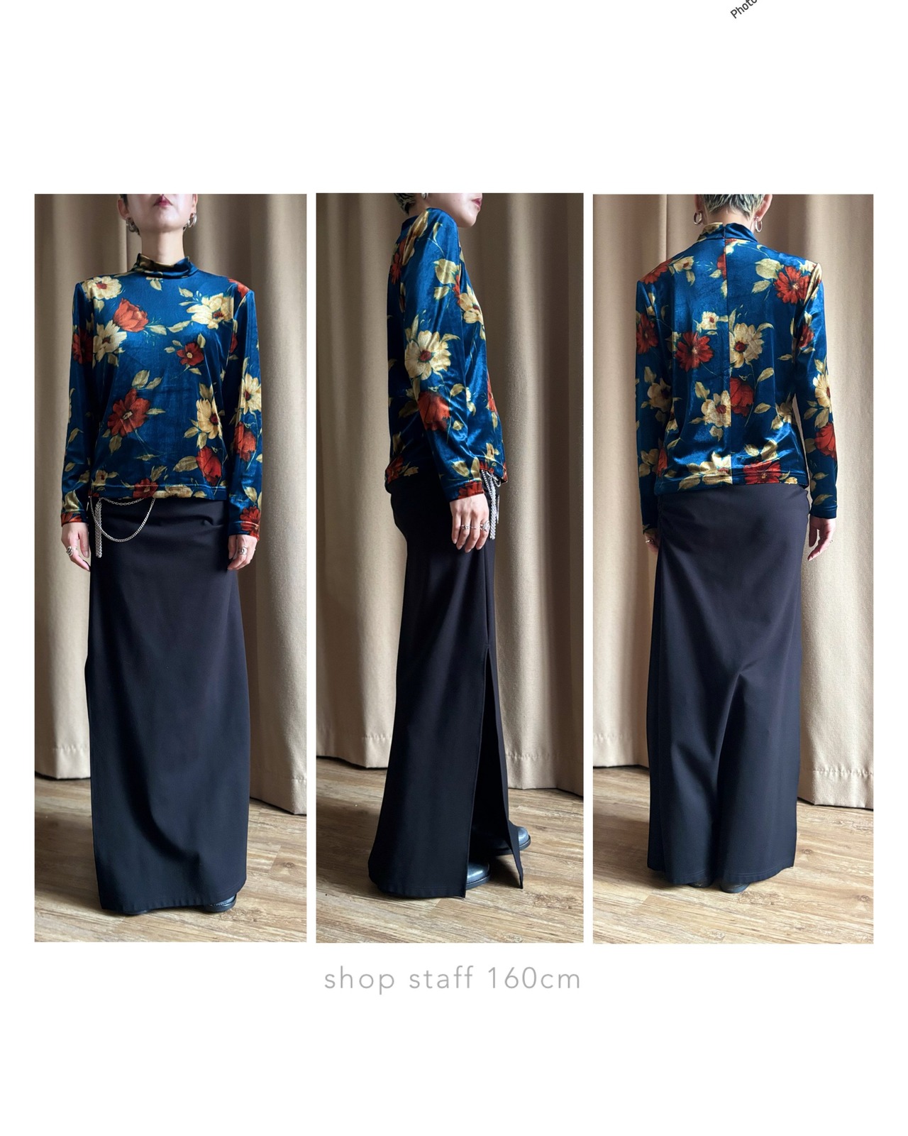royal blue floral velour tops-5020-10