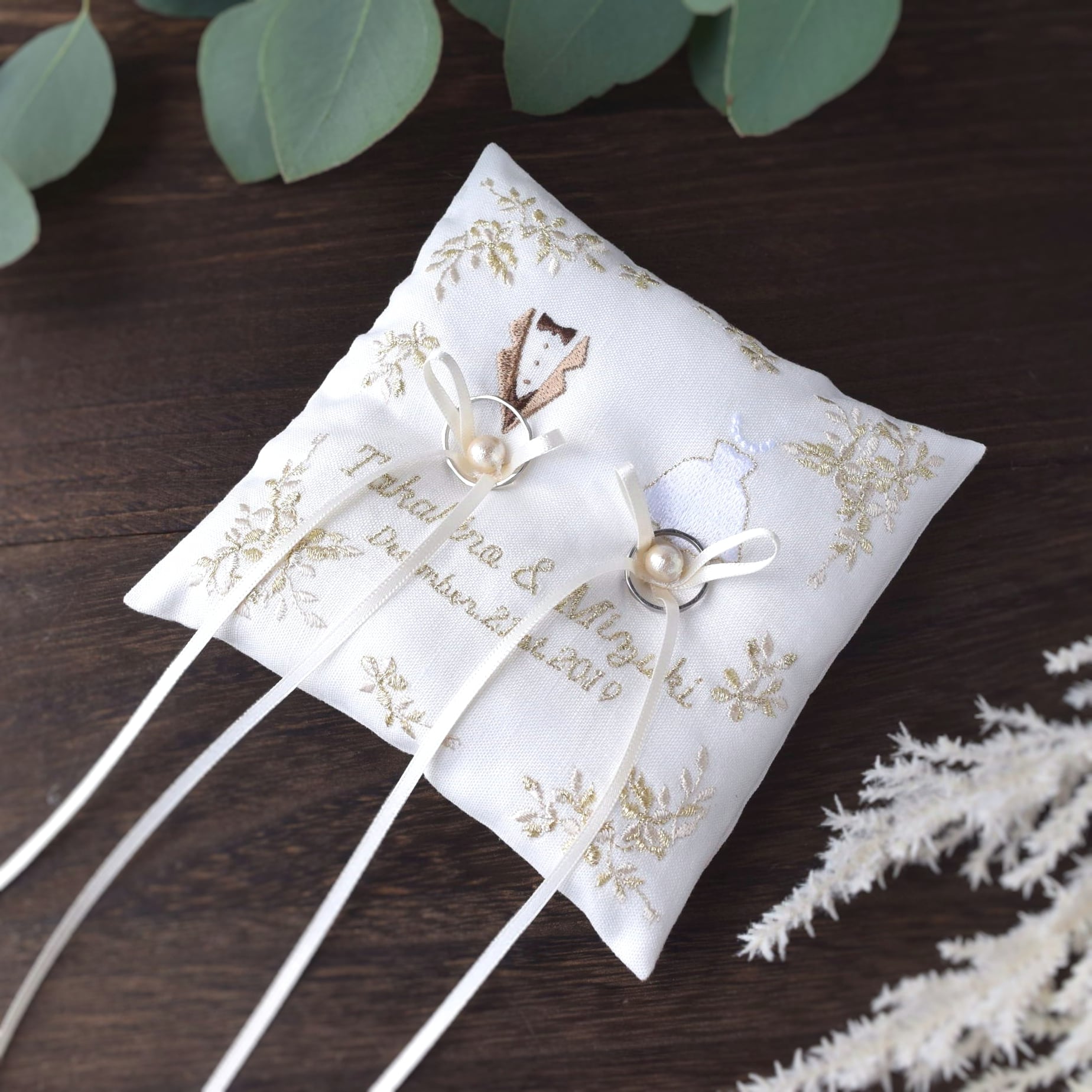 【名入れ】刺繍のリングピロー | アイボリー | ナチュラルウェディング 日付入り