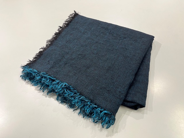 new：Lithuanian linen shawl／wool linen jacquard 〈black×cyan〉