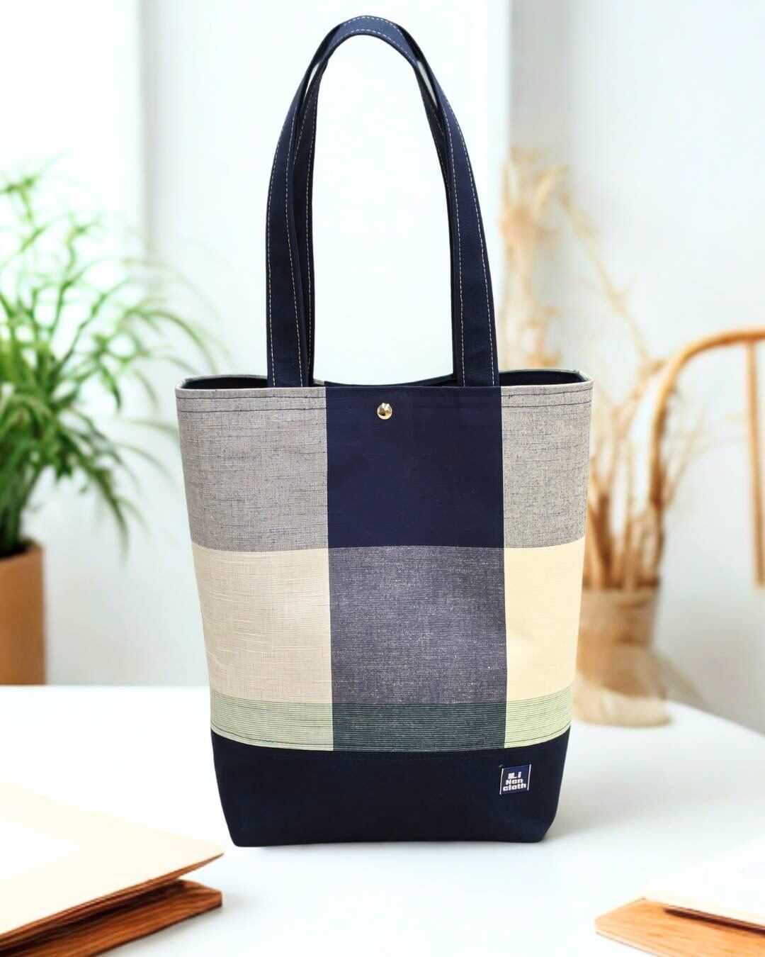 SZ トートバッグ　ブルー　チェック 大きなチェックトートバッグ ブルー | Linencloth