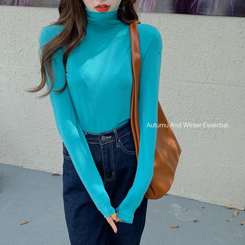 タイトフィットストレッチハイネックホワイトTシャツレディース秋スリムスリミング長袖ボトミングシャツ2020ニューインナートップ ブラックストロベリース47624619099