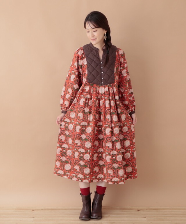 ブロックプリントキルティングワンピース　2color