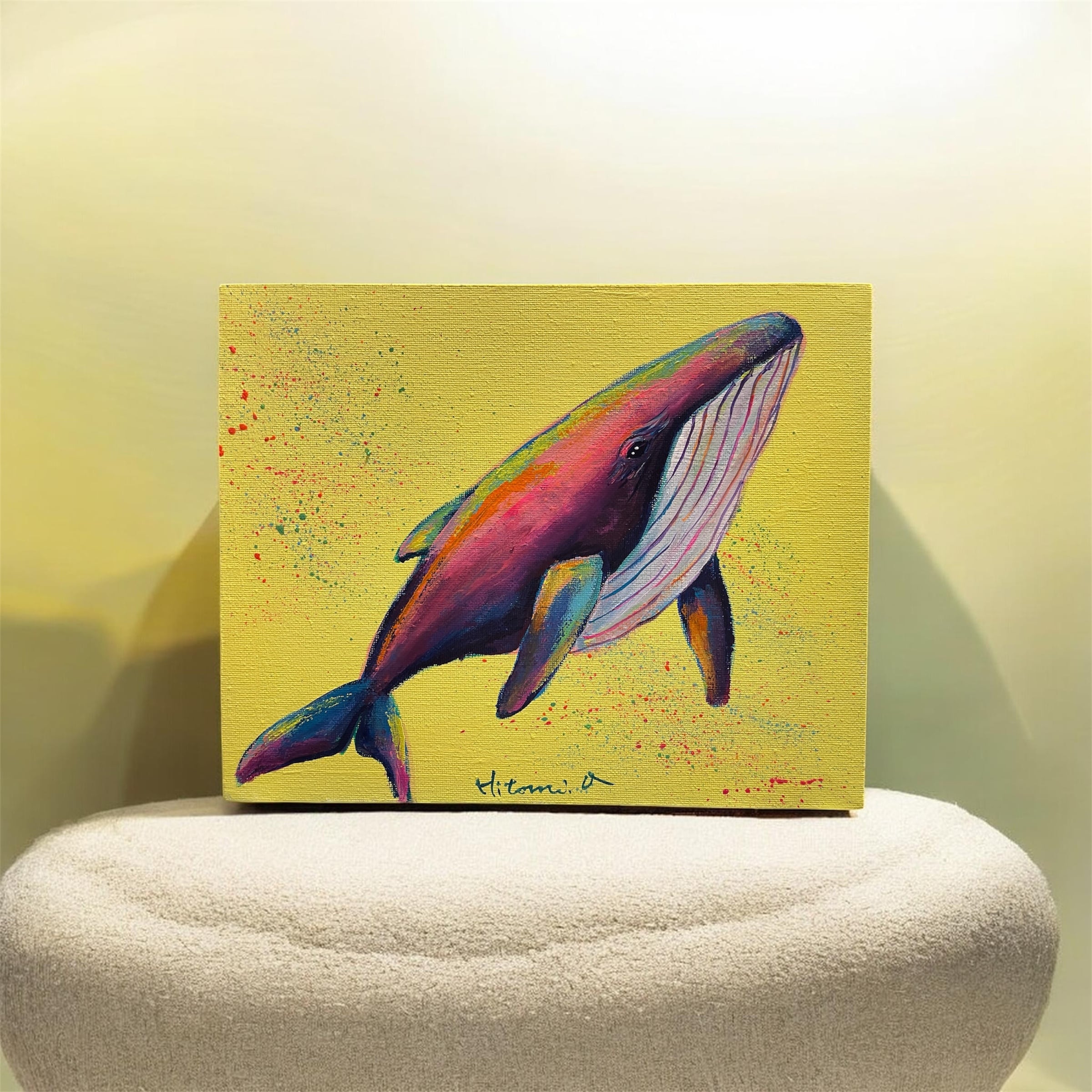 A-108/26】原画 絵画 動物画 クジラ カラフル 27.3×22cmキャンバス 真