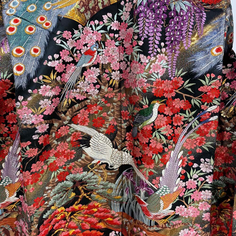 花嫁 色打掛 朱赤 牡丹 菜の花 鈴蘭 鶴 金 刺繍 135 花嫁 正絹 色