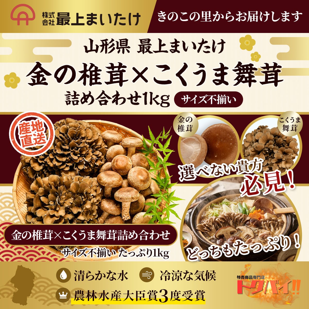 【山形県産 絶品きのこ】訳あり舞茸・椎茸 1kg 詰め合わせ|訳ありきのこ|無農薬|サイズ不揃い|肉厚|しいたけ|まいたけ|きのこ王国|最上まいたけ|農林水産大臣賞|産地直送|ビタミンd|食物繊維|