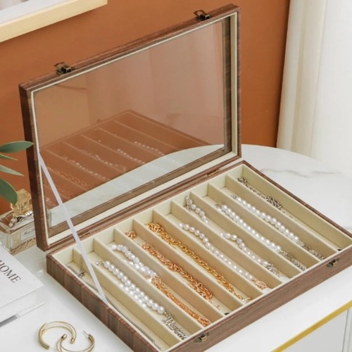レトロ ジュエリー収納ボックス 蓋付き ネックレス ブレスレット 太いネック チェーン ディスプレイケース 透明 ガラス ジュエリー アクセサリー 宝石箱 ８ユニット １０ユニット 木目調 おしゃれ