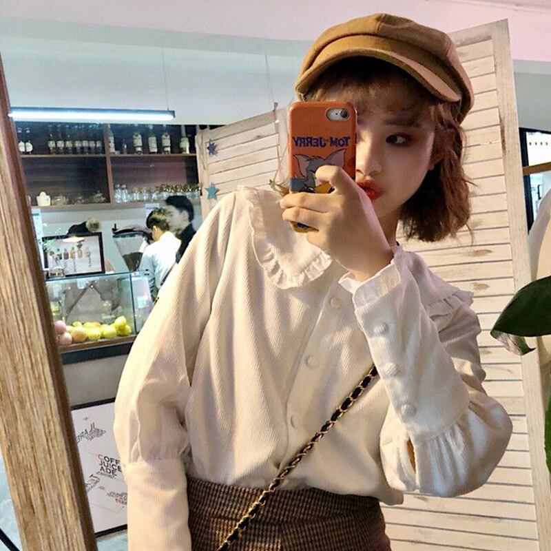 ホワイトシャツ女性デザインセンスニッチ木製イヤードールカラー春秋長袖レーストップ春秋スーパーフェアリーシャツ 萌量不足75048391887