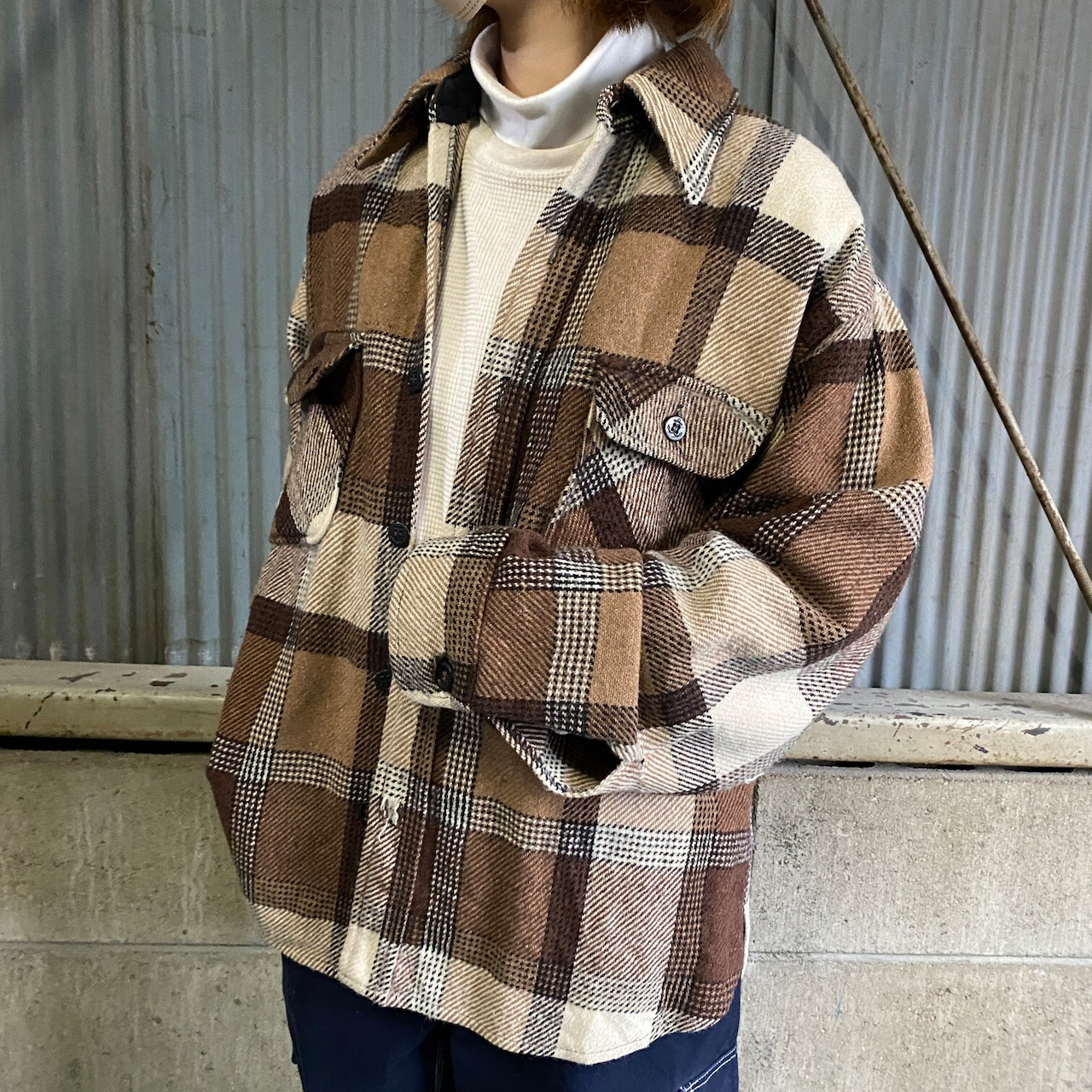 60年代 PINE CREST チェック柄 長袖 ウールシャツ ネルシャツ メンズL 